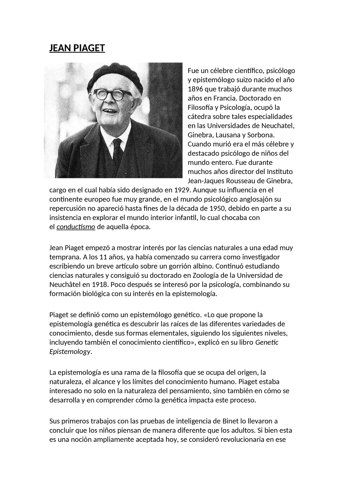 JEAN Piaget JEAN PIAGET Fue un c lebre cient fico psic logo y