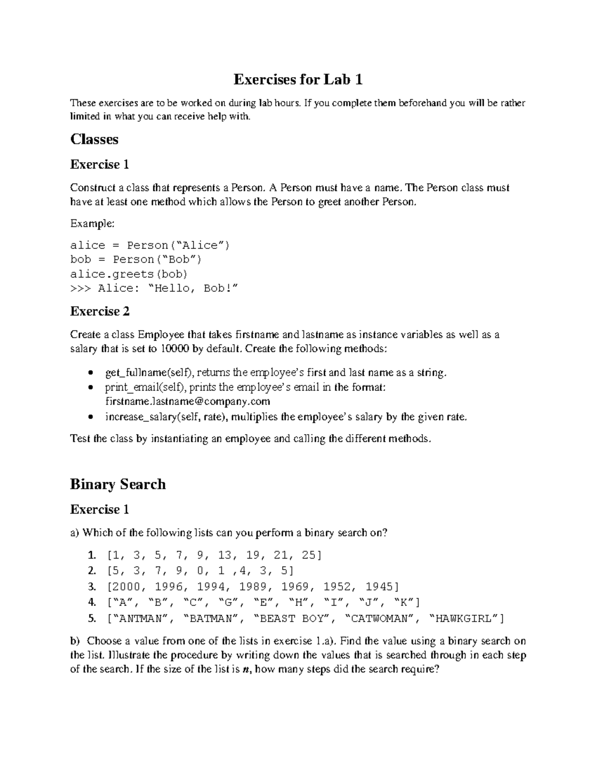 Lab1 - Lab1 - Exercises For Lab 1 These Exercises Are To Be Worked On ...