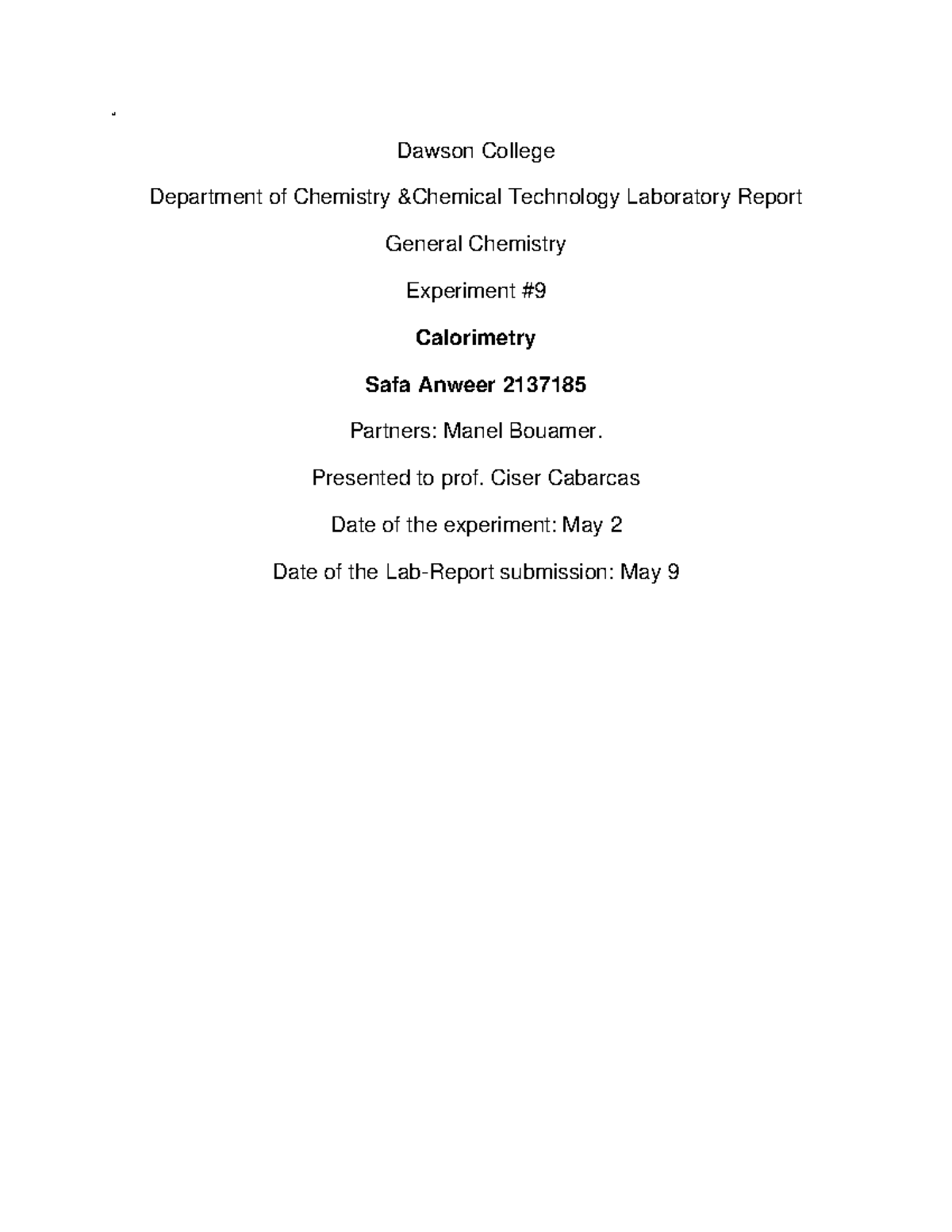 Lab#10-2 - lab report - Dawson College Department of Chemistry ...