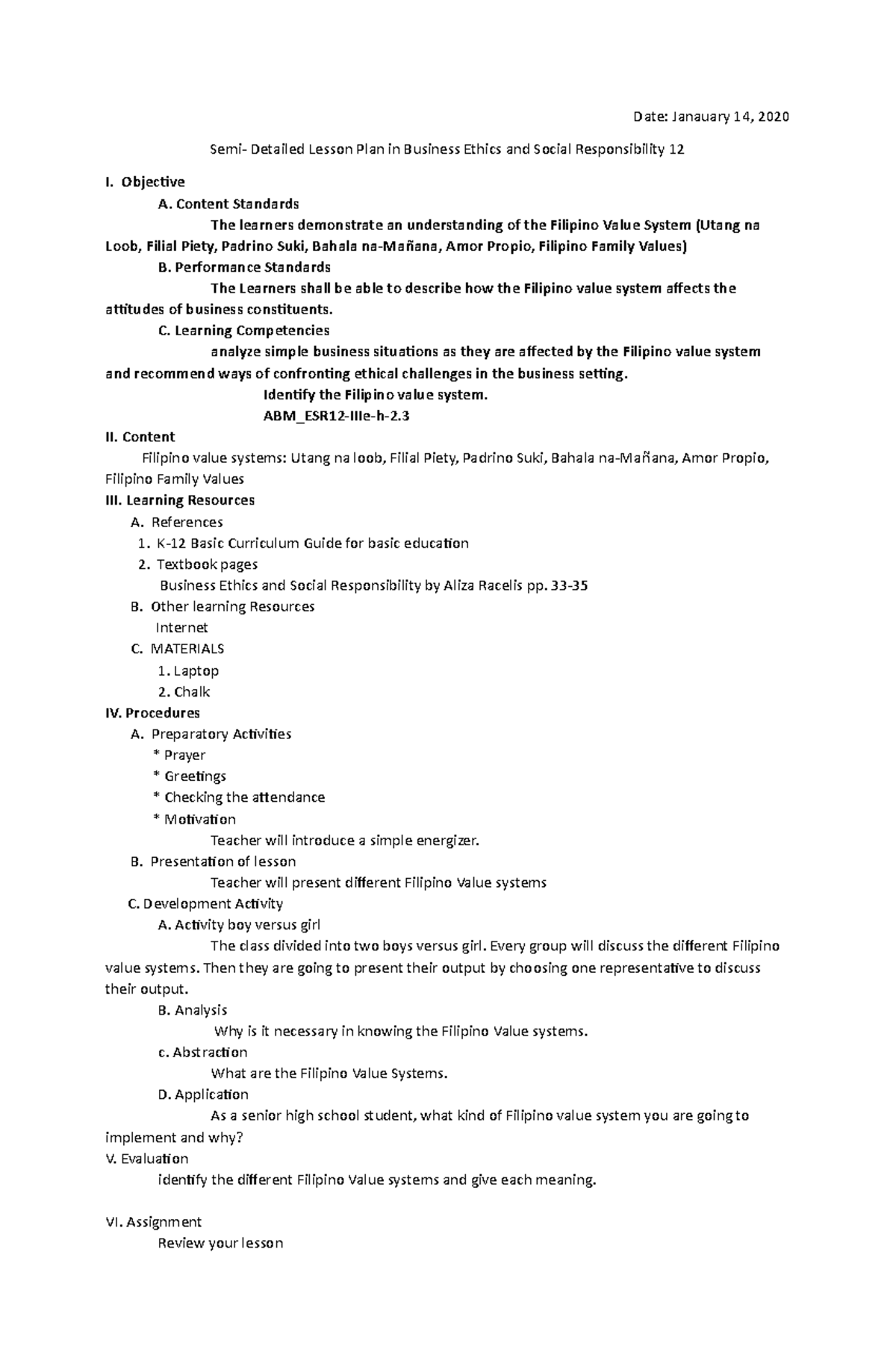 LP BESR 01-07 - lesson plan - Date: Janauary 14, 2020 Semi- Detailed ...