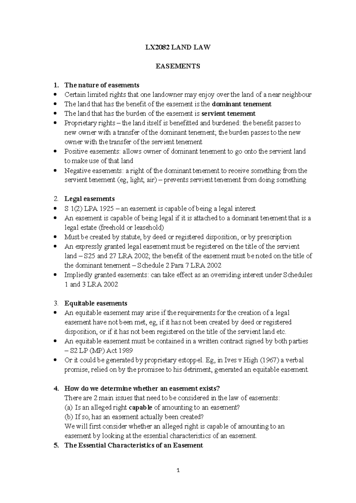 Easements Handout - Jan. 2024 - LX2082 LAND LAW EASEMENTS The Nature Of ...