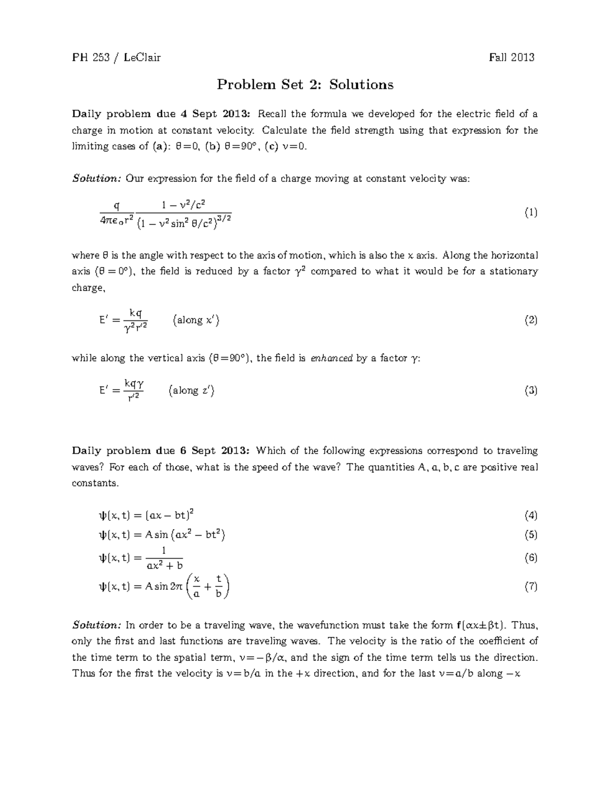 HW 2 9 Sept 13 key - PH 253 LeClair Fall 2013 Problem Set 2: Solutions ...