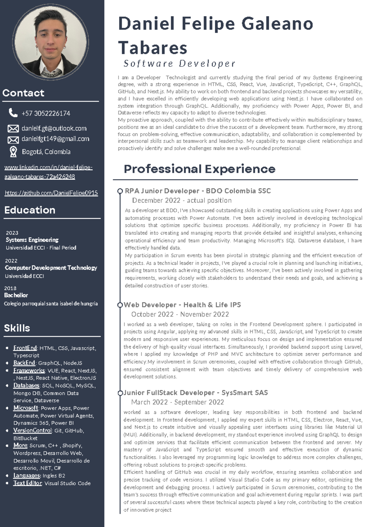 Daniel Galeano CV - E - +57 3052226174 danielf@outlook danielfgt149 ...