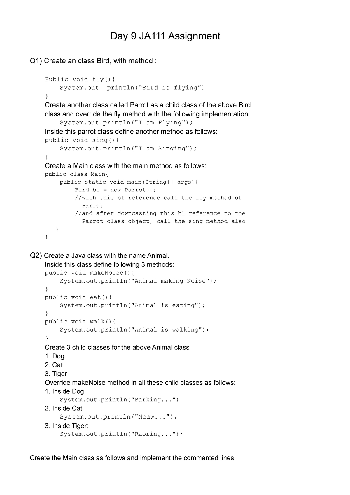 Day 9 Assignment 560772 - Day 9 JA111 Assignment Q1) Create an class ...