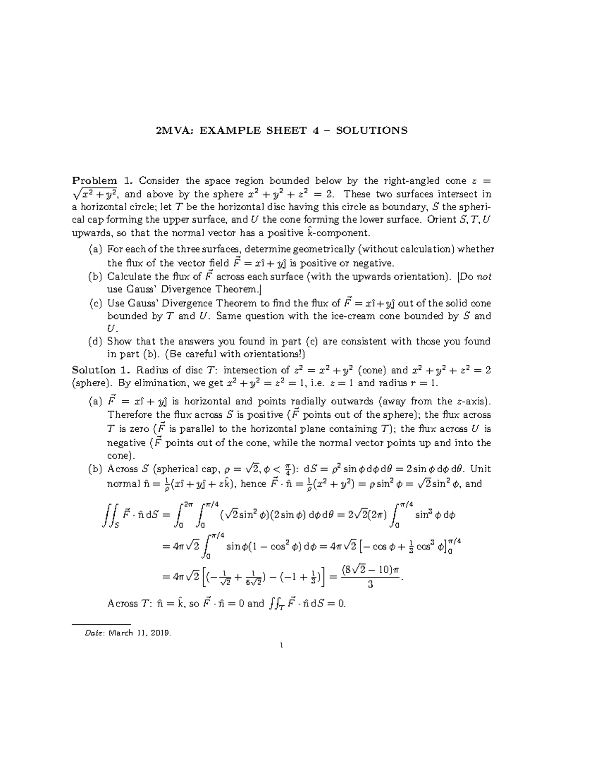 Example Sheet 4 Solutions - 2MVA: EXAMPLE SHEET 4 – SOLUTIONS Problem 1 ...