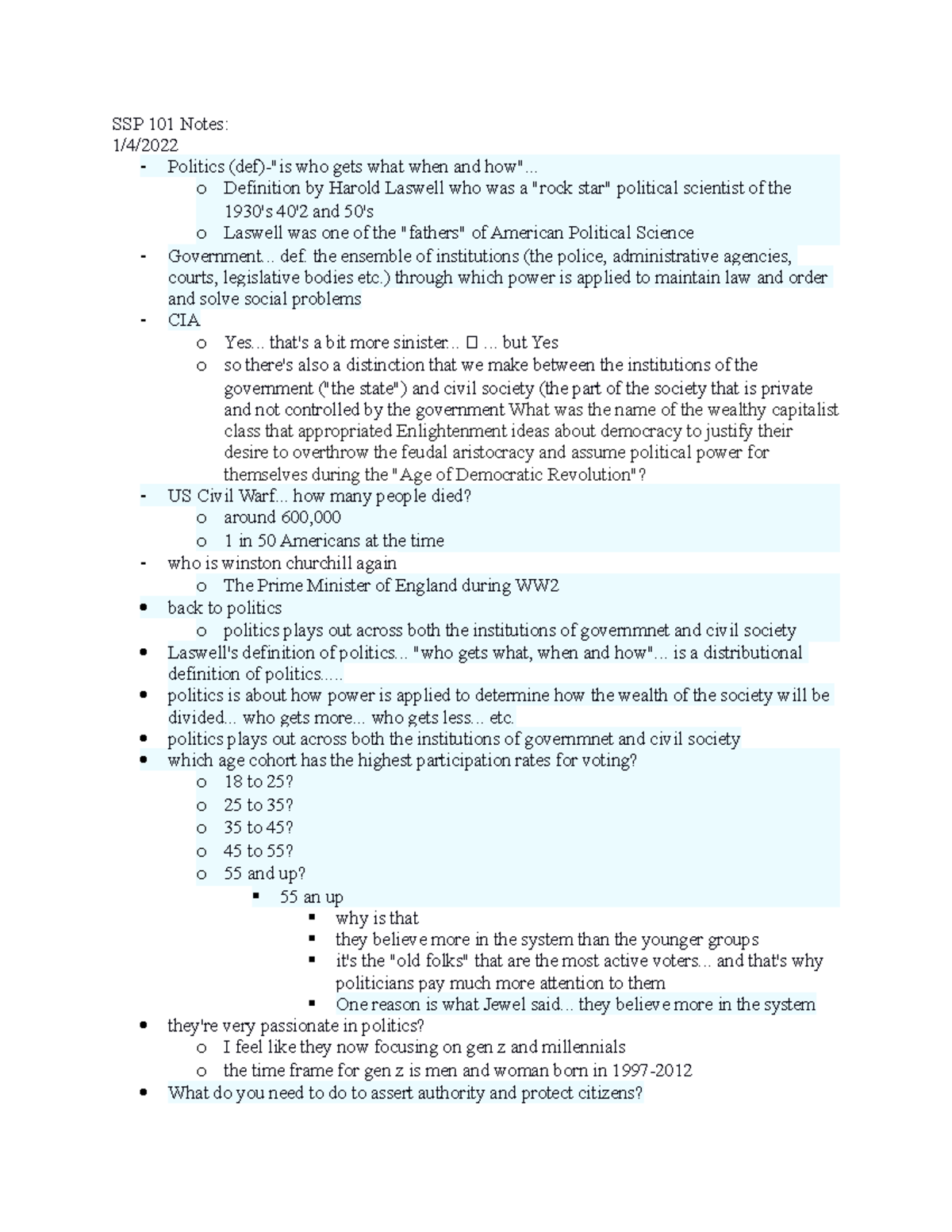 Kathleen Stephens SSP 101 Notes - SSP 101 Notes: 1/4/ - Politics (def ...