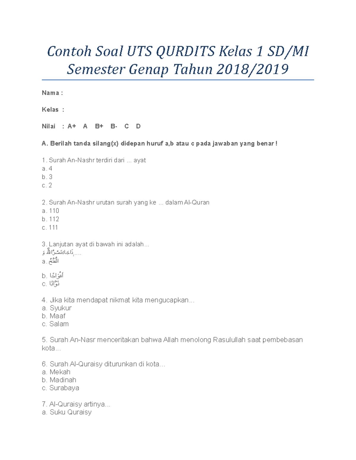 Contoh Soal UTS Qurdits Kelas 1 SD - Contoh Soal UTS QURDITS Kelas 1 SD ...