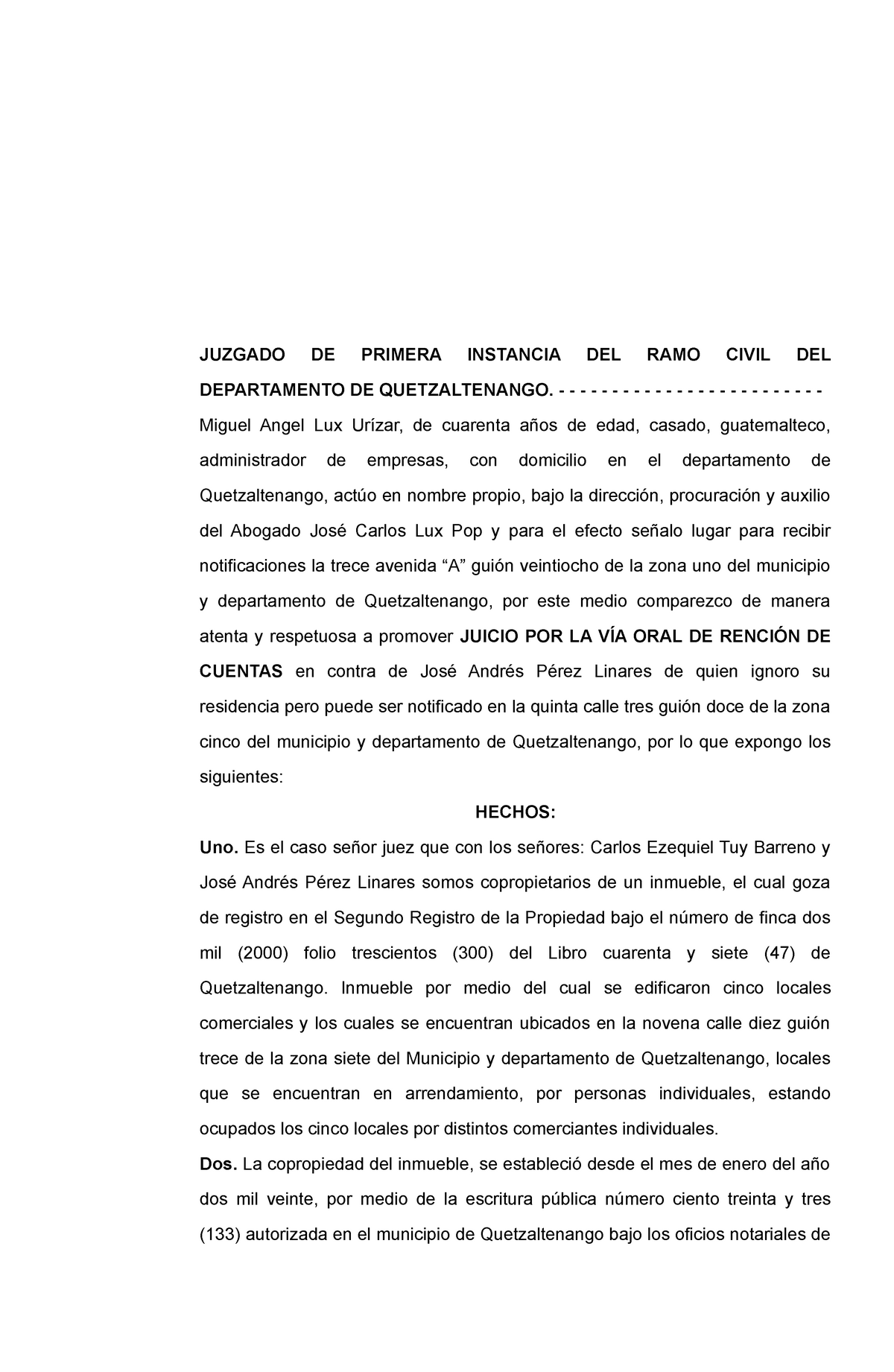 Demanda de Juicio Oral de Rendición de cuentas - JUZGADO DE PRIMERA  INSTANCIA DEL RAMO CIVIL DEL - Studocu