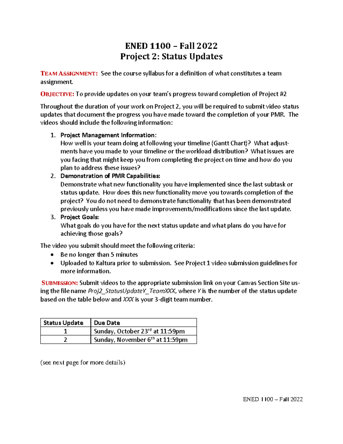 Project 2 Status Updates - ENED 1100 – Fall 2022 ENED 1100 – Fall 2022 ...