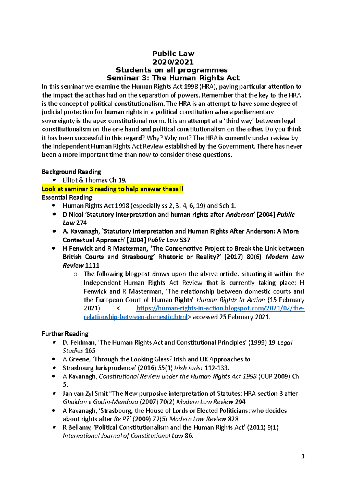 Public Law seminar 3 - Public Law 2020/ Students on all programmes ...