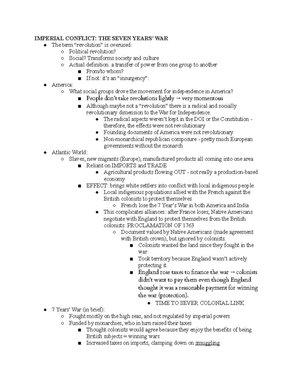Lecture Notes Imperial Conflict The Seven Years War IMPERIAL CONFLICT