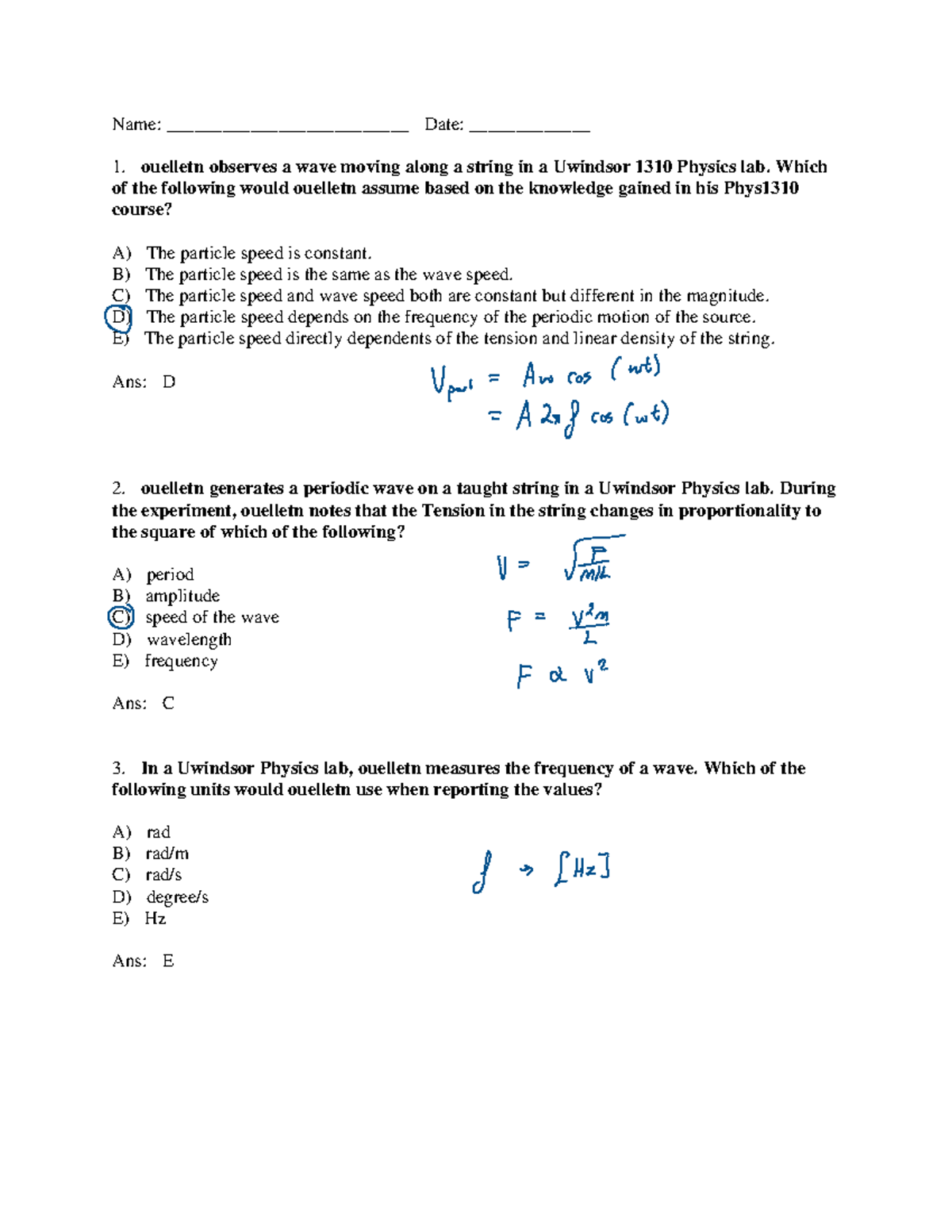 Wave calculations worksheet 12 13 - Name Wave Calculations Speed of a wave  = wavelength x frequency - Studocu