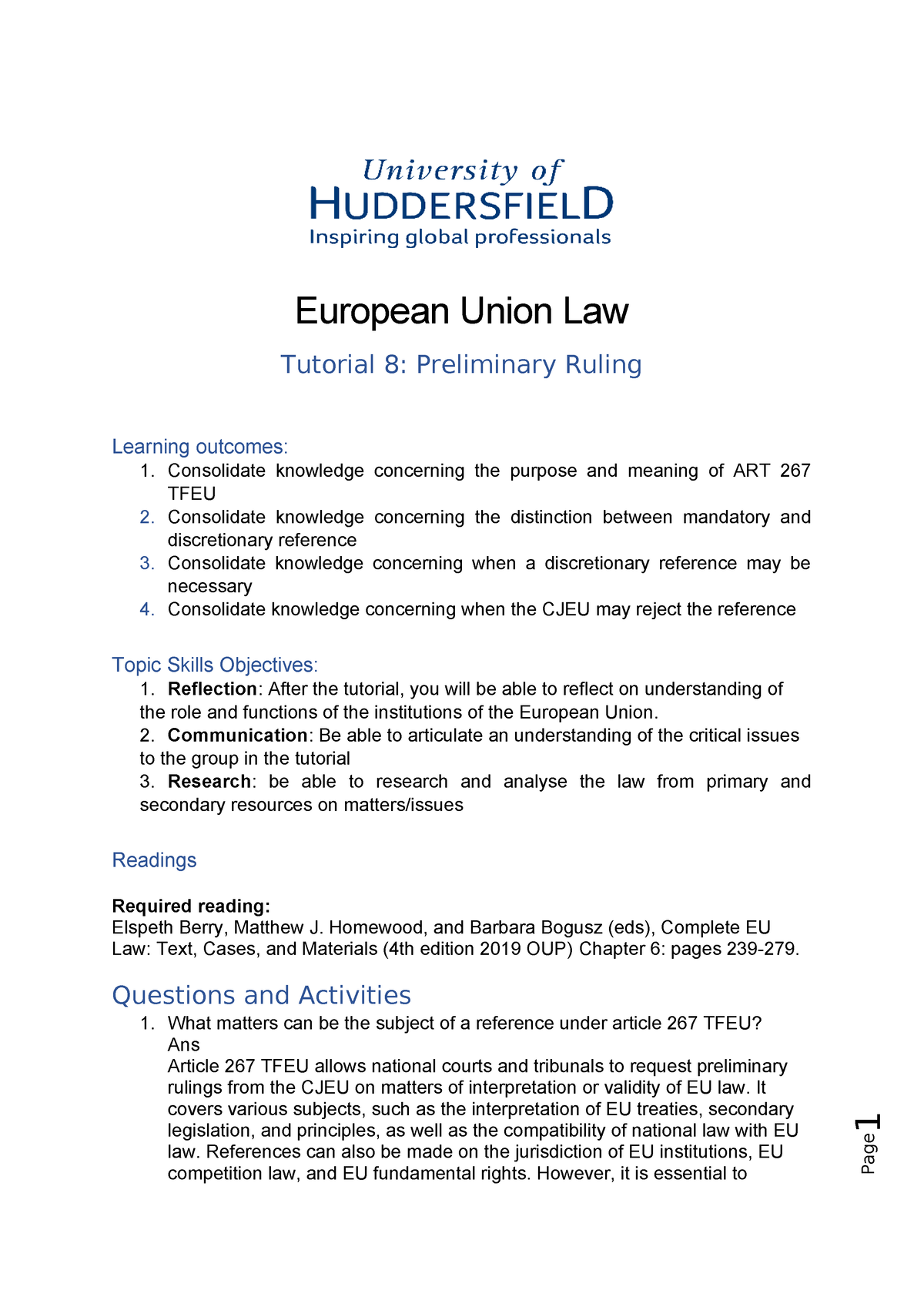 Eu Law Tutorial 8 23 24 - Page 1 European Union Law Tutorial 8 ...