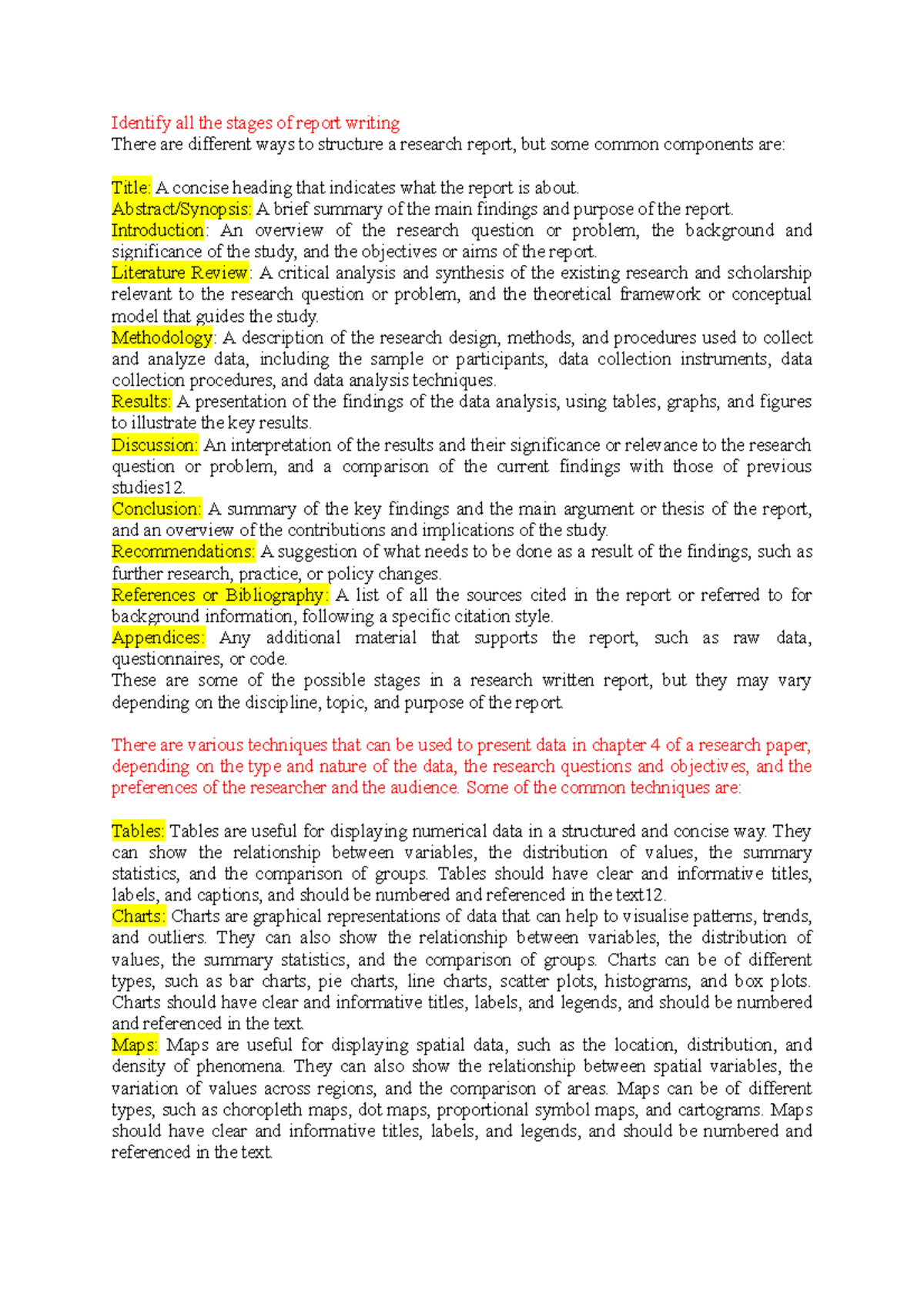 Research Methods - Identify all the stages of report writing There are ...