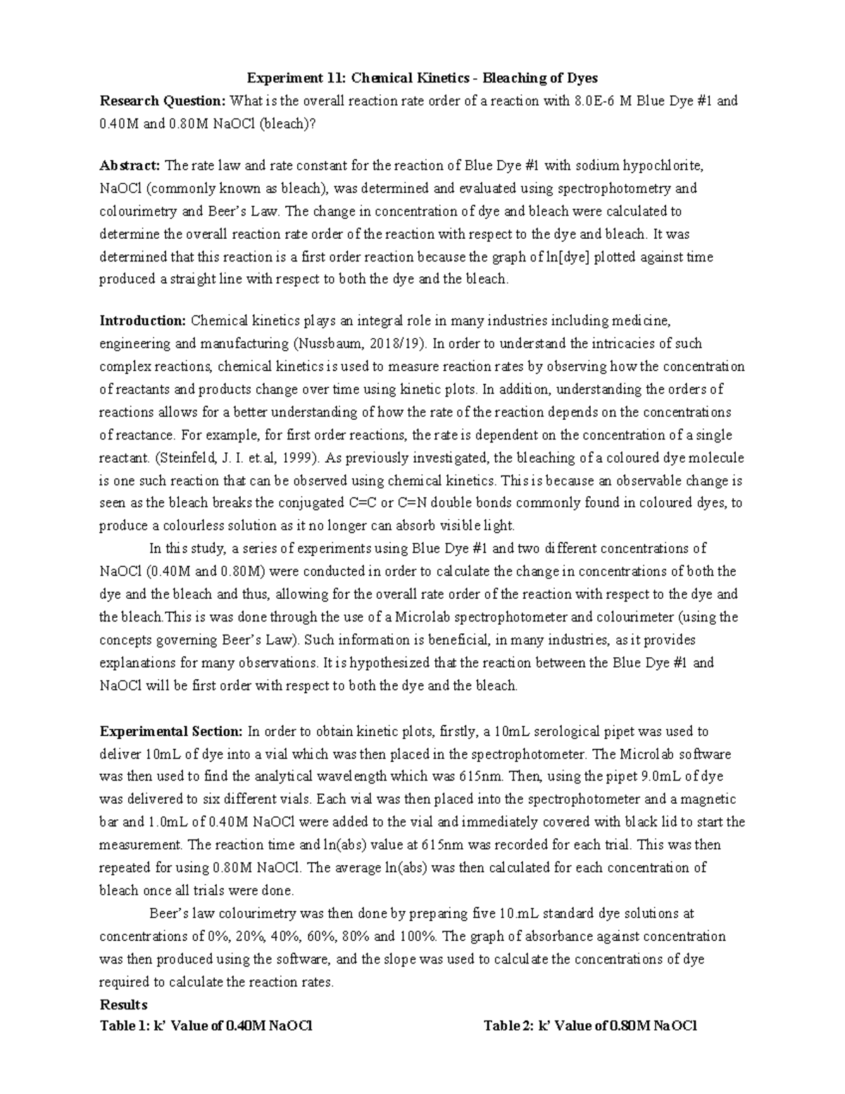 Lab Report 11 Chemical Bleaching Dyes Experiment 11 Chemical