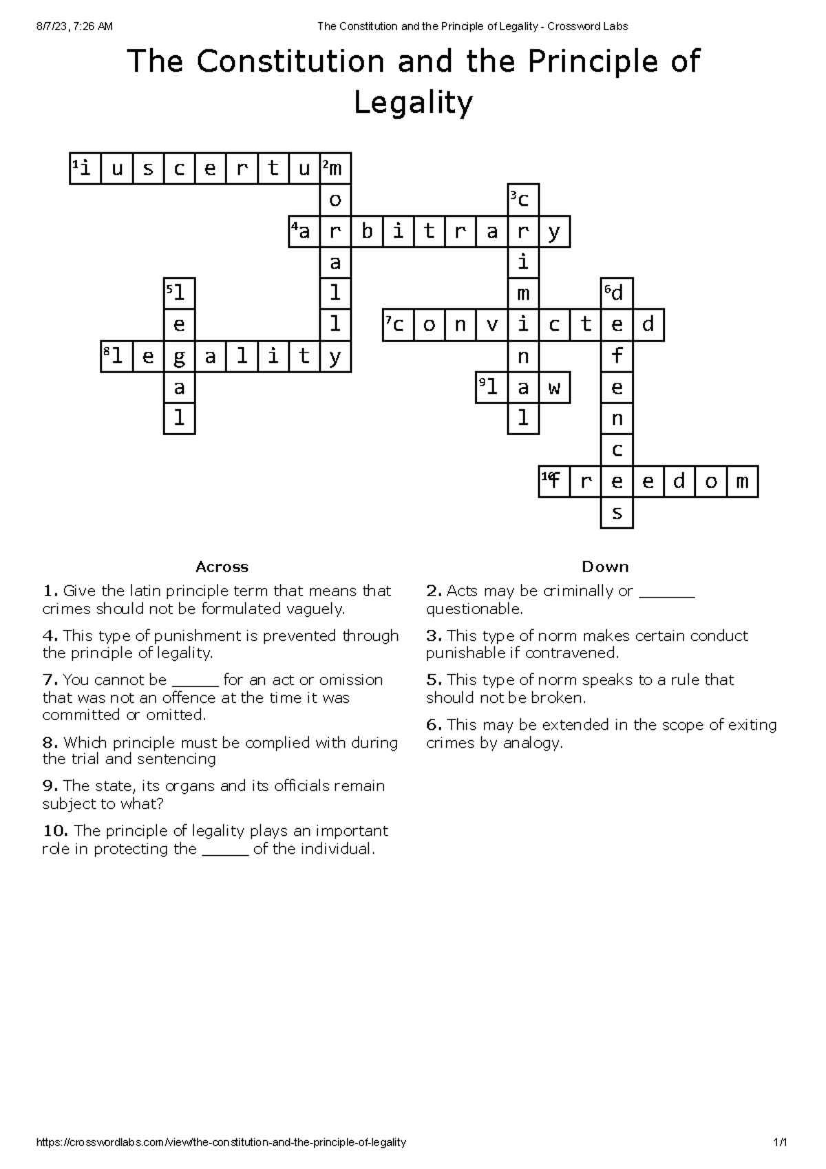 The Constitution and the Principle of Legality Crossword Labs Answers