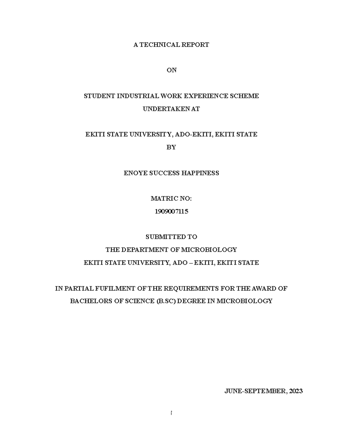 Success Report i A TECHNICAL REPORT ON STUDENT INDUSTRIAL WORK