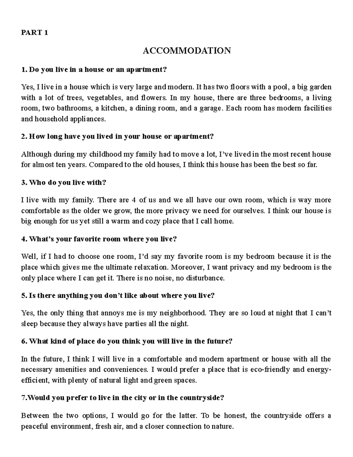 Speaking part 1 revisoin PART 1 Do you live in a house