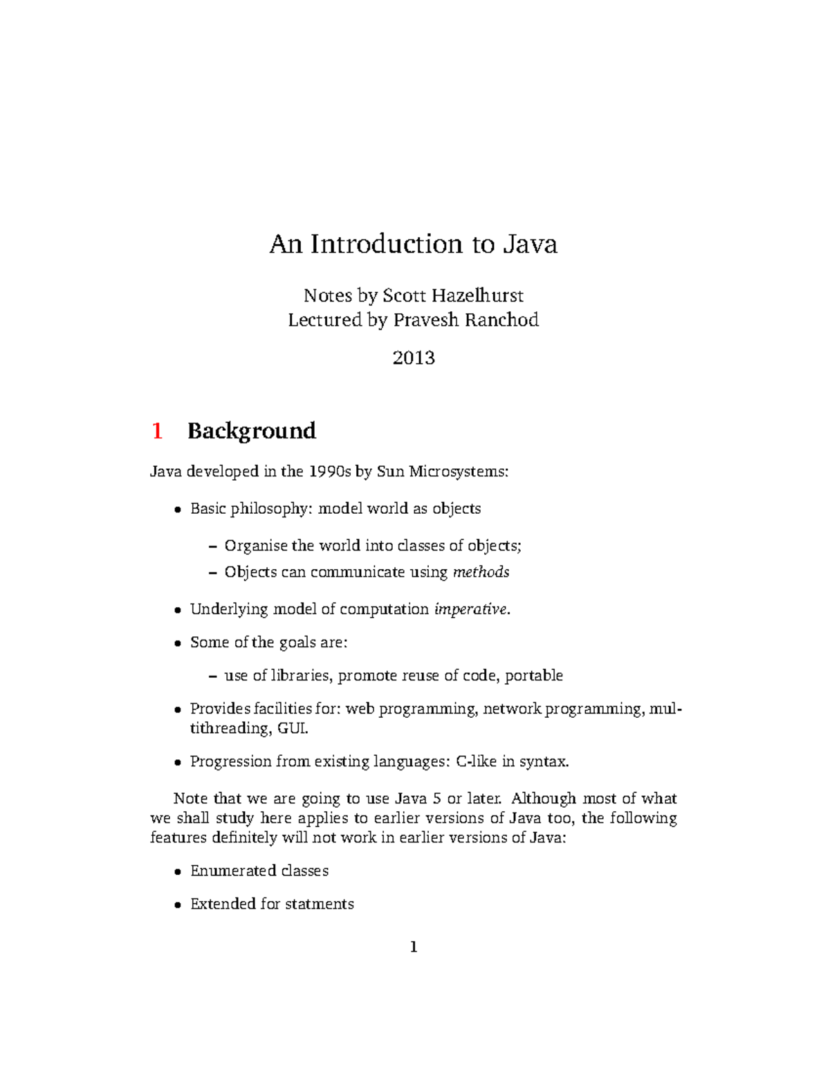 Java - Lecture notes 1 - An Introduction to Java Notes by Scott ...