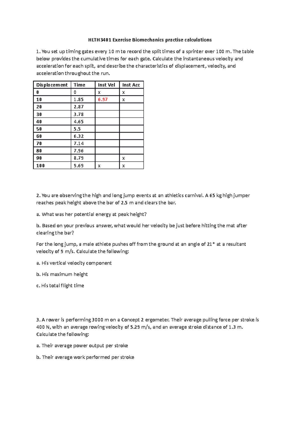 HLTH3401 Exercise Biomechanics practise calculations copy - HLTH3401 ...