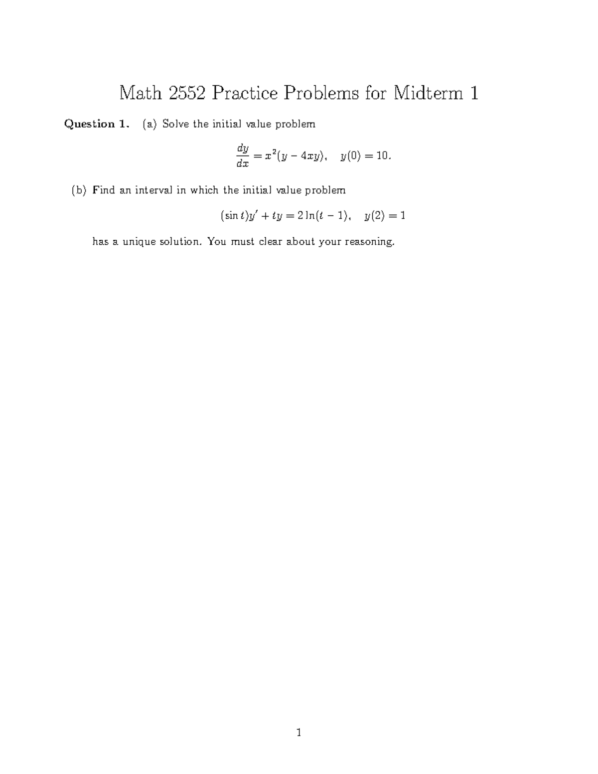 Practice Exam 1 - Math 2552 Practice Problems for Midterm 1 Question 1 ...