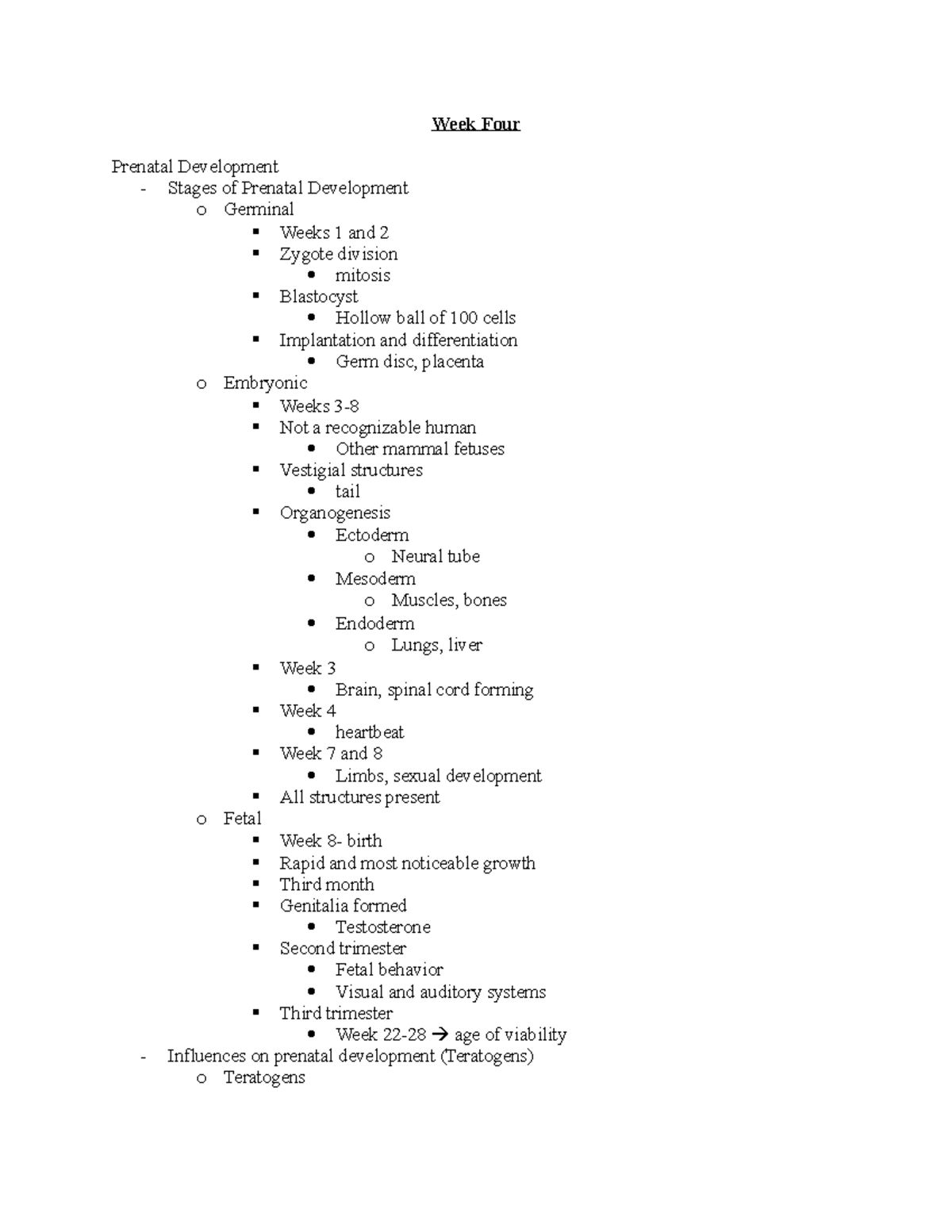 Week Four - Lecture notes 4 - Week Four Prenatal Development - Stages ...