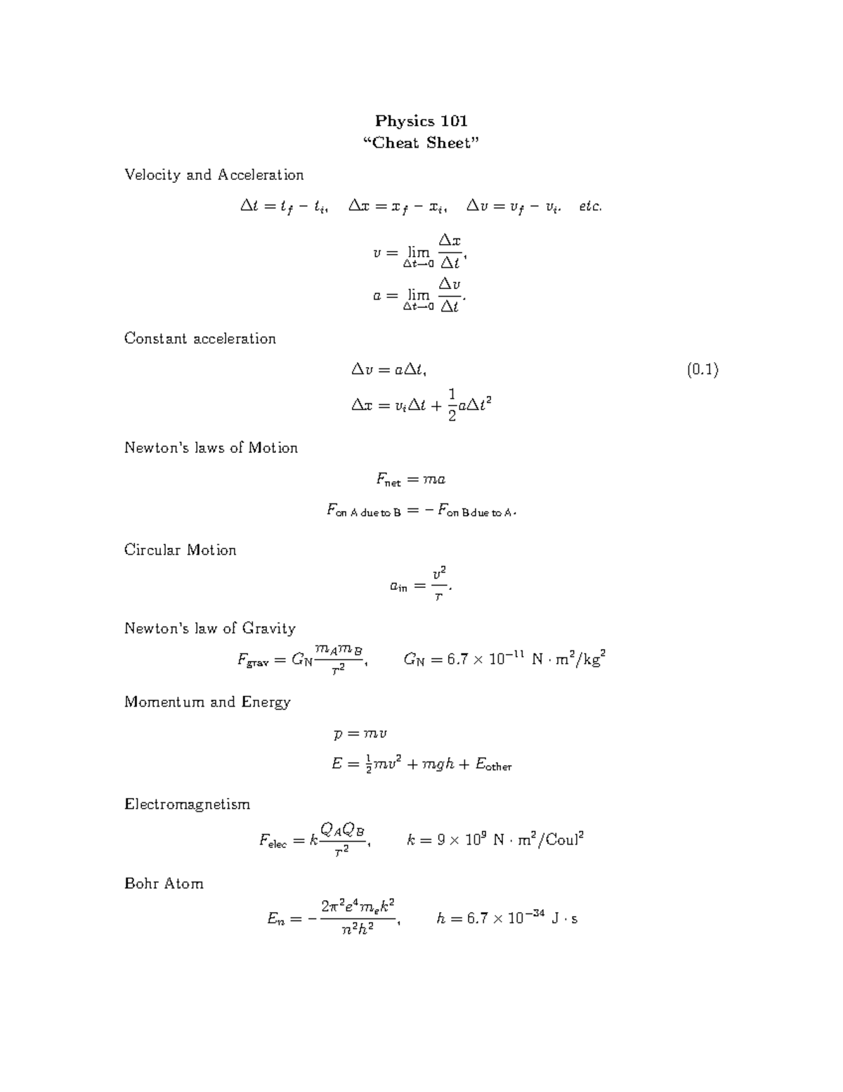 Cheat sheet physics - Physics 101 “Cheat Sheet” Velocity and ...