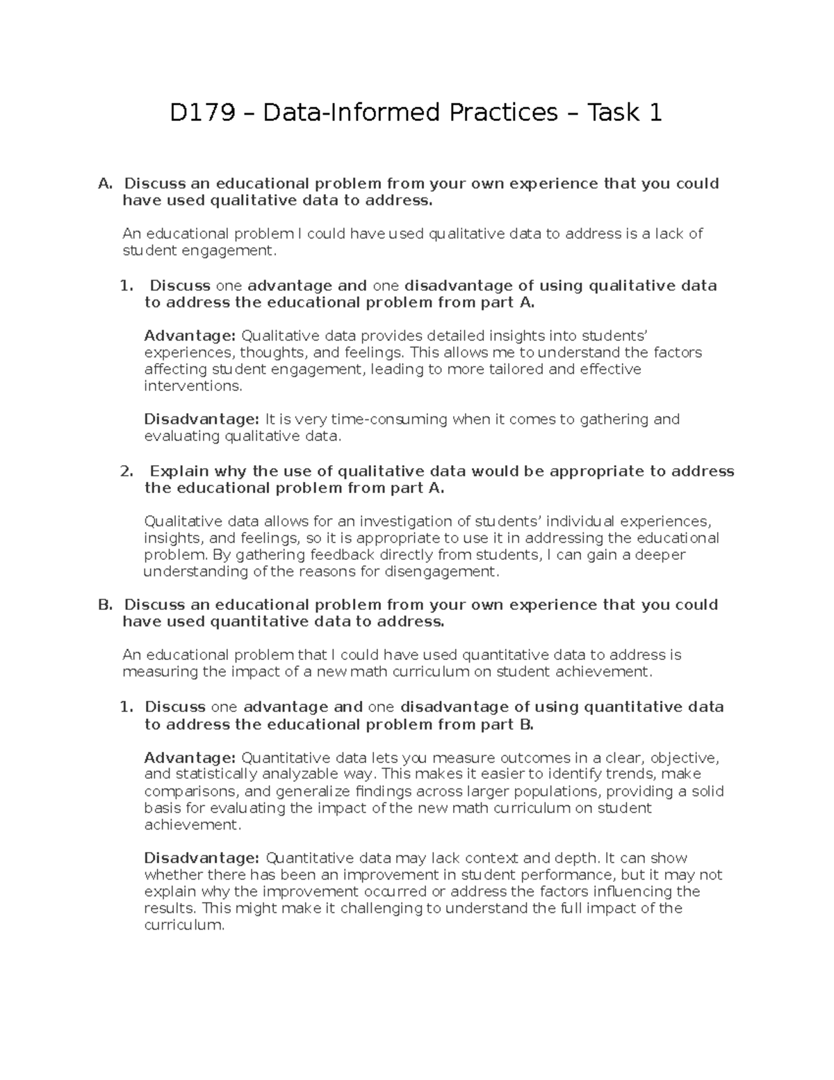 D179 - Task 1 - Passed - D179 – Data-Informed Practices – Task 1 A ...
