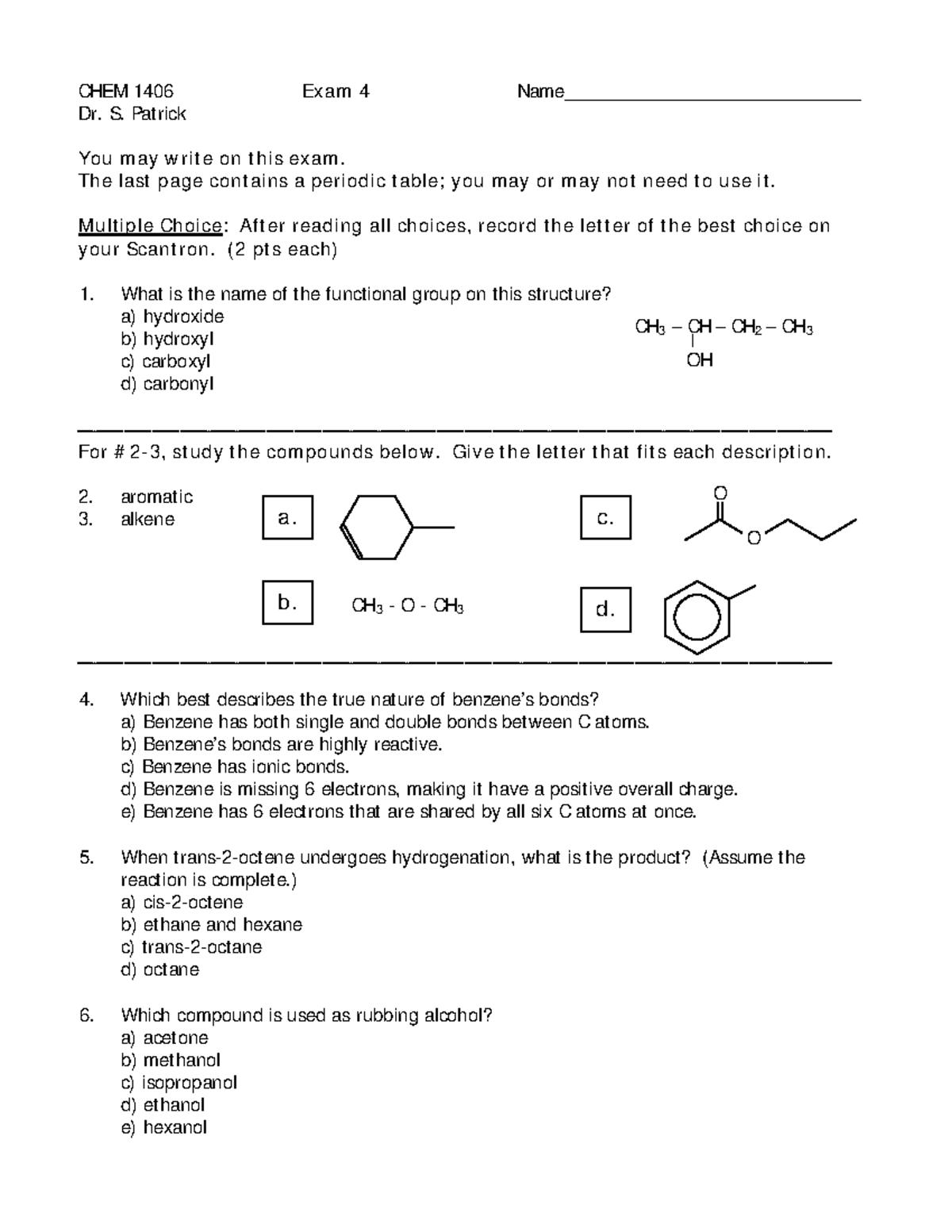 CHEM 1406 Dr. S. Patrick Exam 4 - Studocu