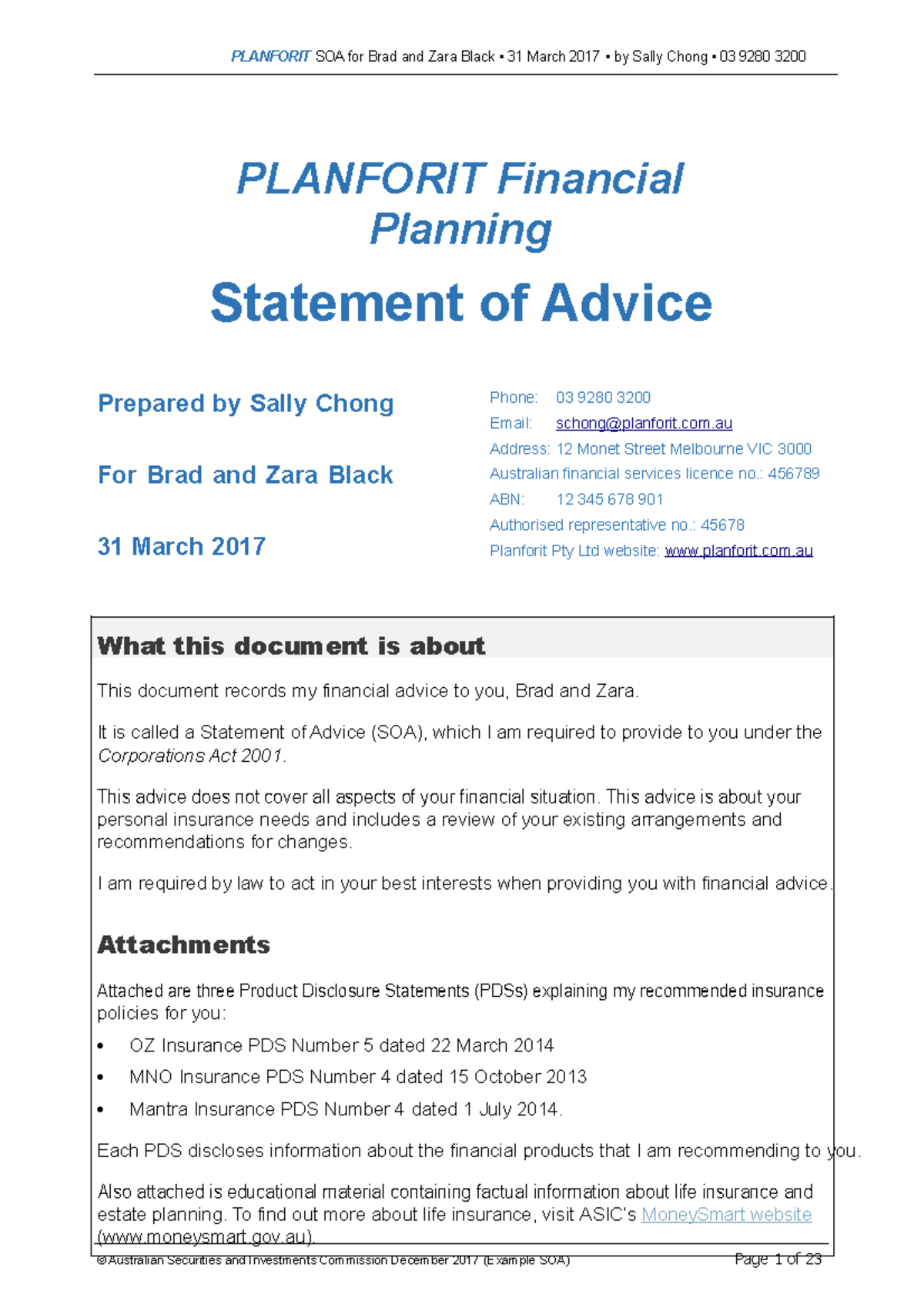 Scaled statement of advice example-converted - PLANFORIT SOA for Brad ...