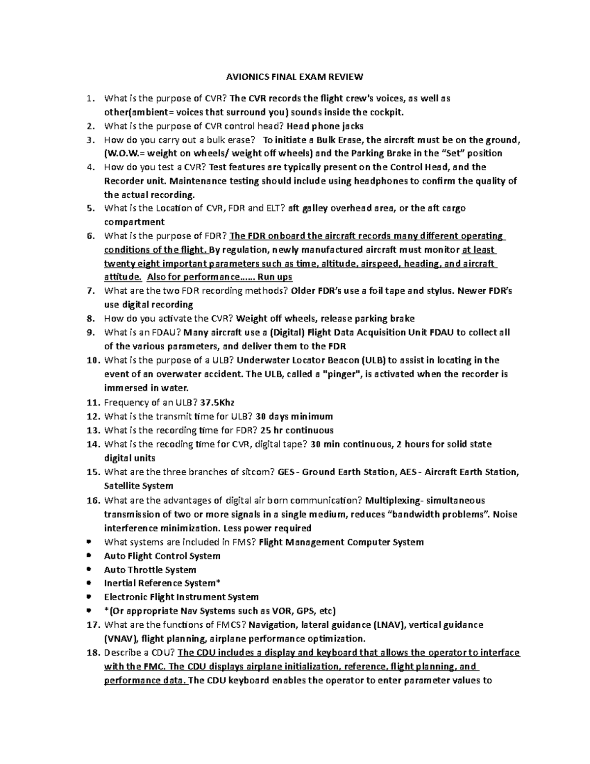 Final Exam Summary Aviation Technician Aircraft Maintenance AVIONICS FINAL EXAM REVIEW 1