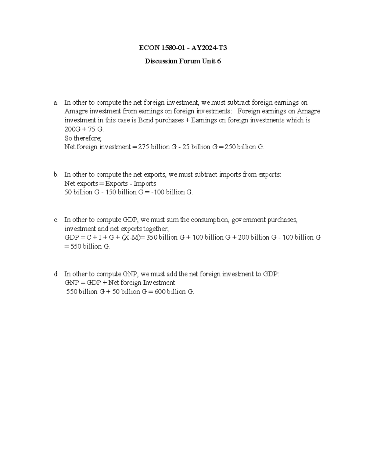 ECON 1580 UNIT 6 DF - ECON 1580-01 - AY2024-T Discussion Forum Unit 6 A ...