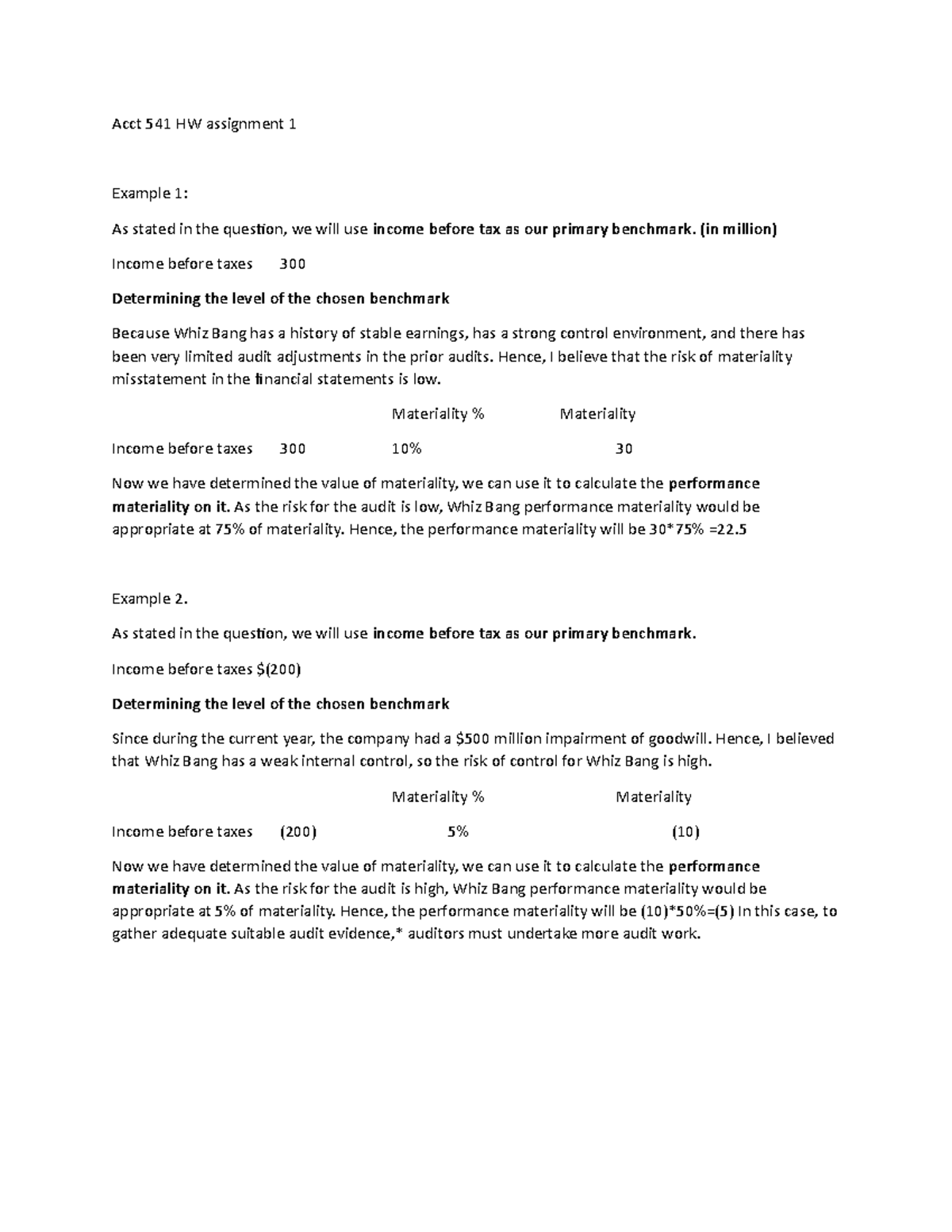 Acct 541 HW assignment 1 Audit plan - ACCT 463 - USC - Studocu