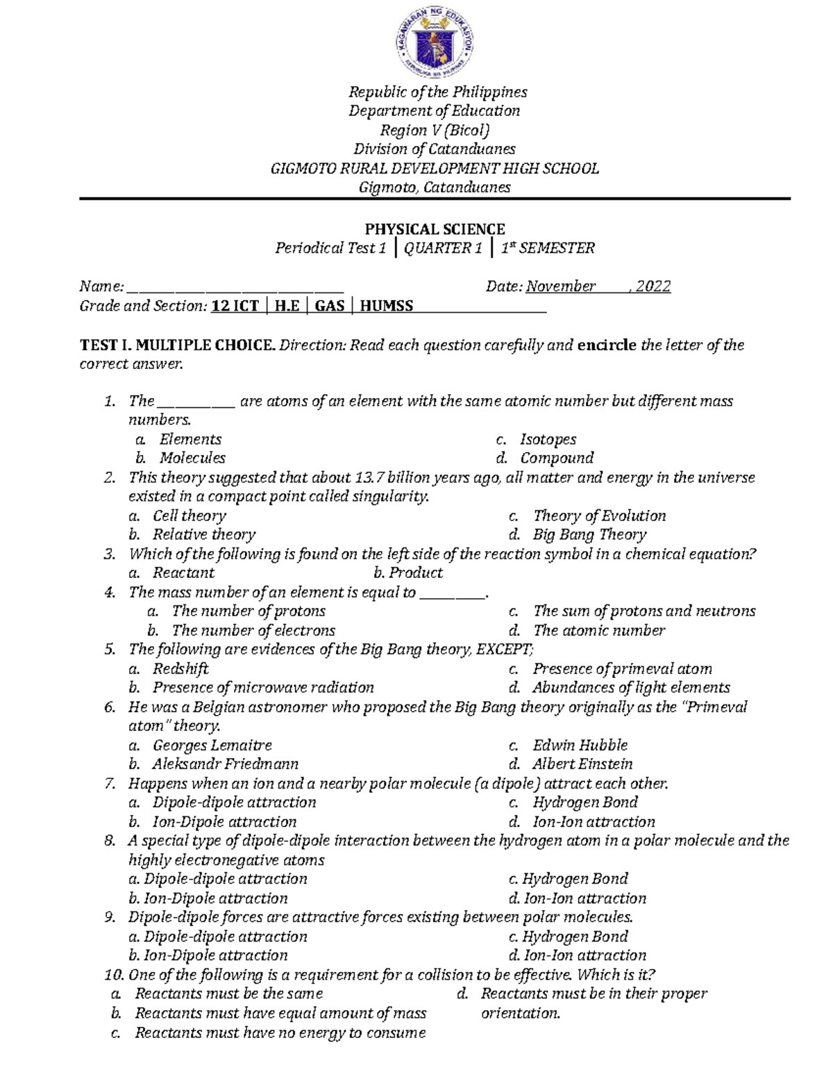 Physical Science Q1 Periodical Test 1 - Republic of the Philippines ...