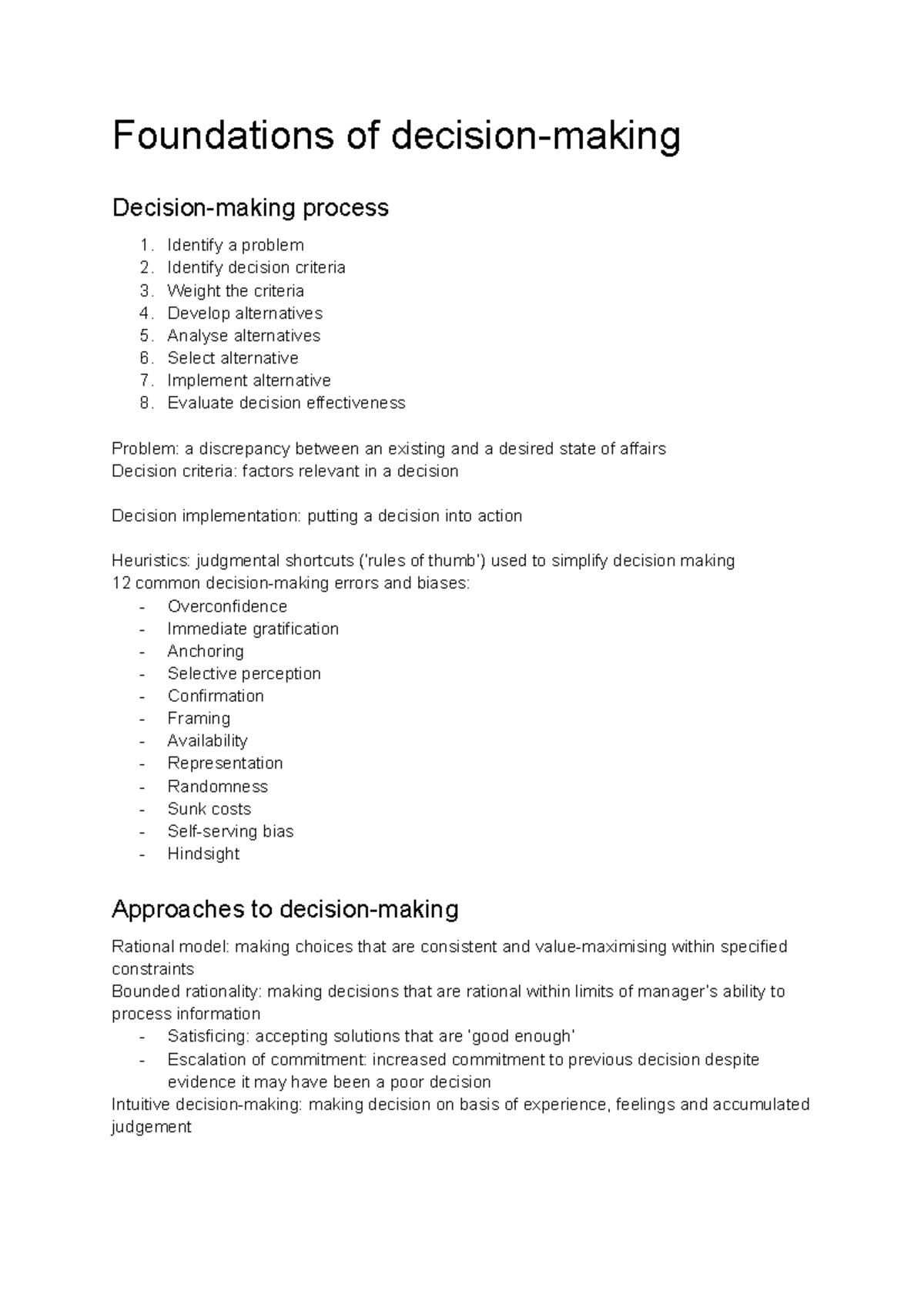 Management Exam Notes - Foundations of decision-making Decision-making ...