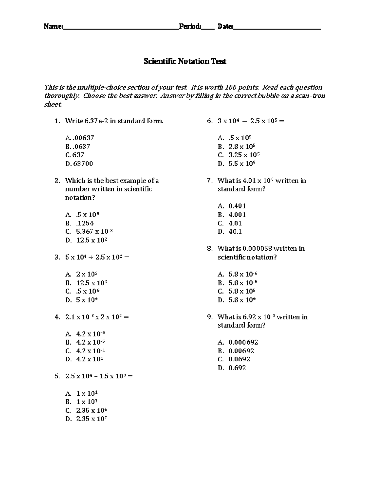 Scientific Notation Unit Test - Name:______Period: Date In Scientific Notation Worksheet Chemistry