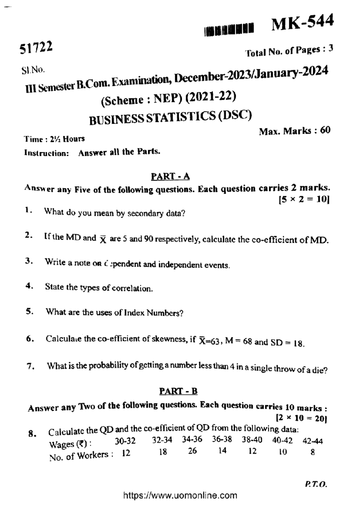 Bcom 3 sem business statistics mk 544 jan 2024 - 51722 Total No. of ...