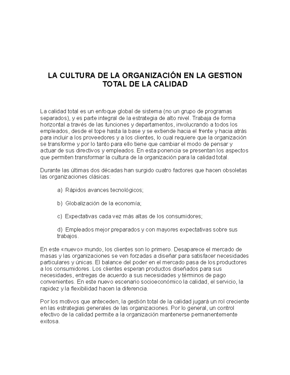 LA Cultura DE LA OrganizacióN EN LA Gestion Total DE LA Calidad - LA ...