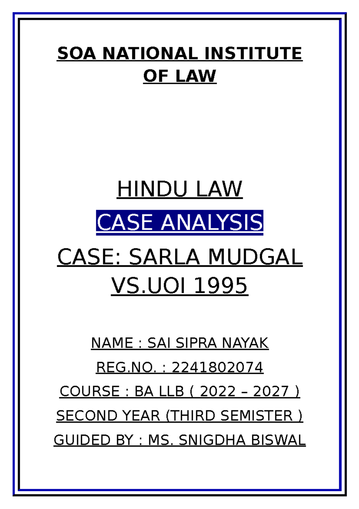 Hindu LAW CASE Analysis - SOA NATIONAL INSTITUTE OF LAW HINDU LAW CASE ...
