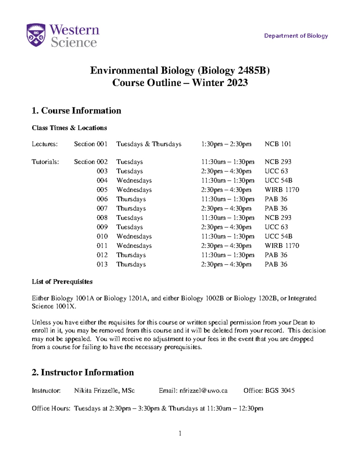 Course+Outline+Bio+2485B+-+W23 - Department of Biology Environmental ...