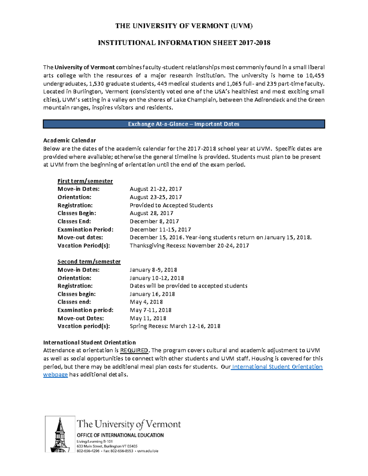 Fact Sheet University of Vermont 2018 - INSTITUTIONAL INFORMATION SHEET ...