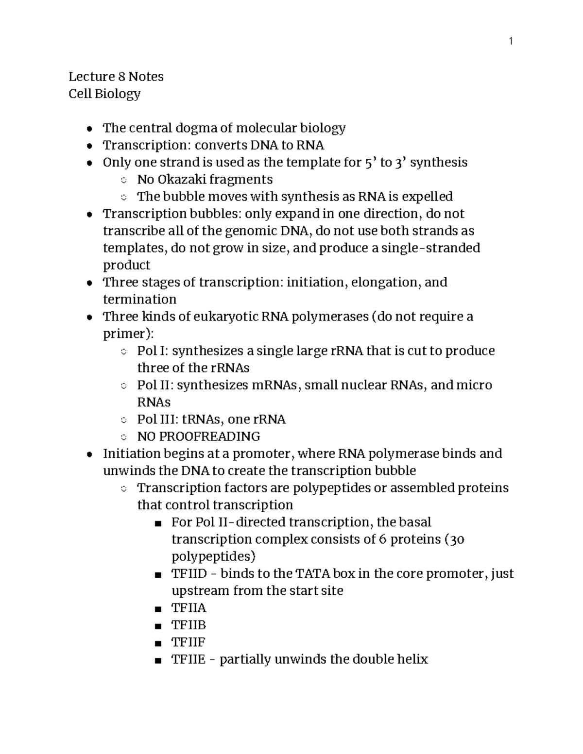 Lecture 8 Notes (Part I) - 1 Lecture 8 Notes Cell Biology The central ...