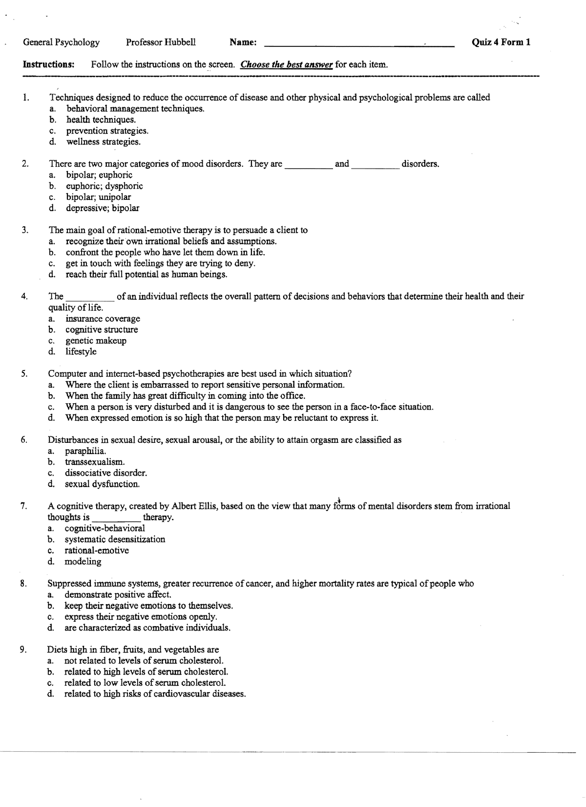 General Psychology-Fall 2009-Quiz 4 Form 1-Answers - General Psychology ...