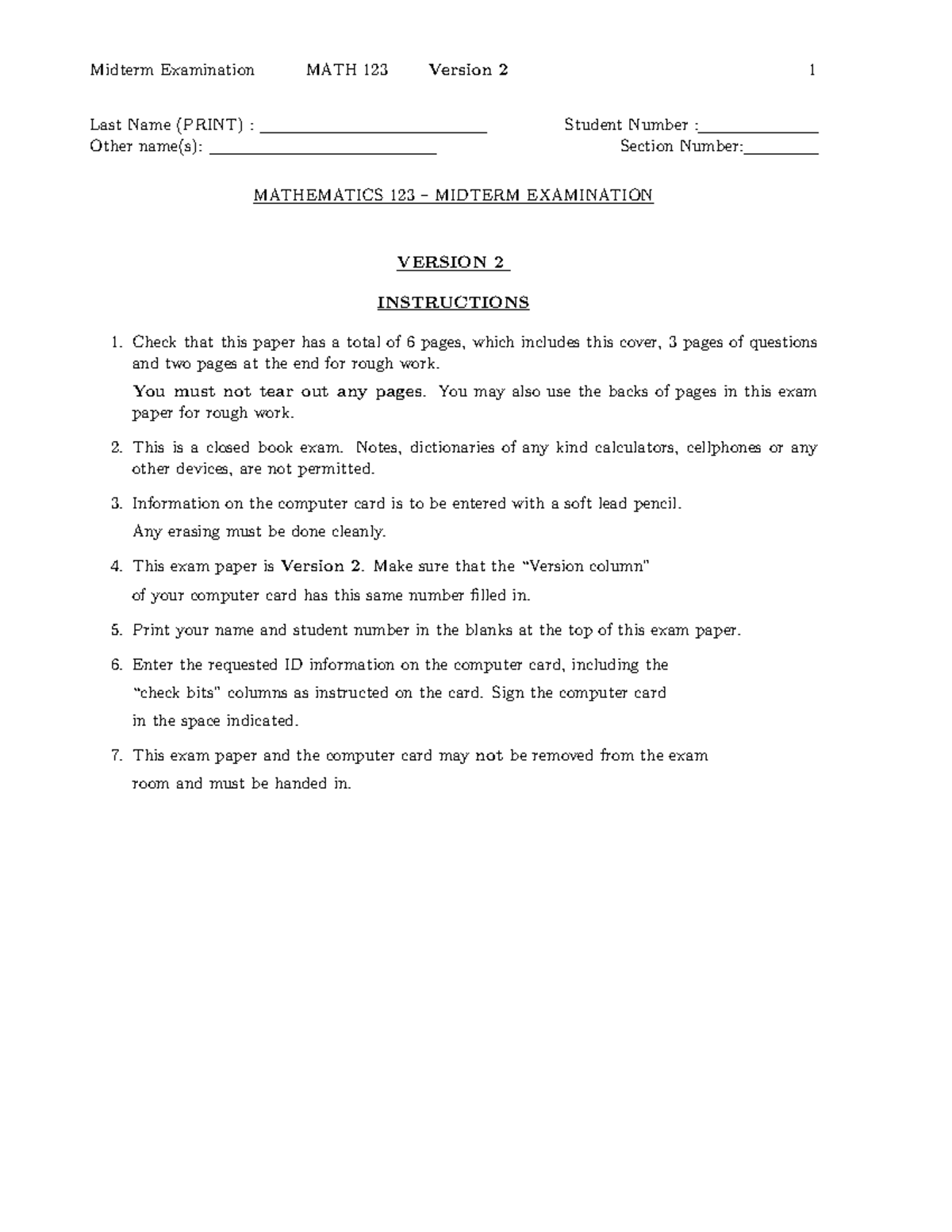Math 123, 2011 Midterm V2 - Last Name (PRINT) : Student Number : Other ...