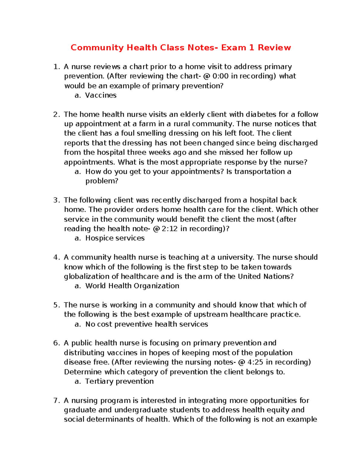 CH- Exam 1 Study guide - Community Health Class Notes- Exam 1 Review A ...