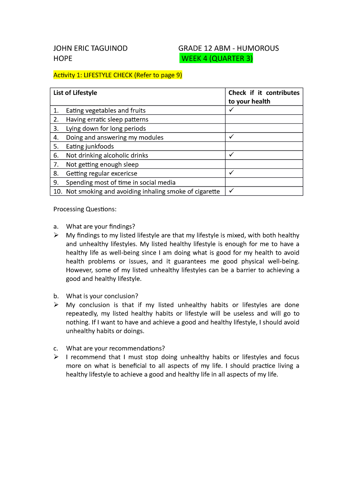 HOPE WEEK 4 HOPE JOHN ERIC TAGUINOD GRADE 12 ABM HUMOROUS HOPE