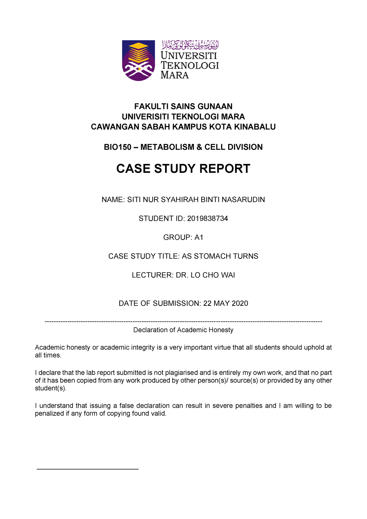 Case Study Biology Submit 2 Fakulti Sains Gunaan Univerisiti Teknologi Mara Studocu