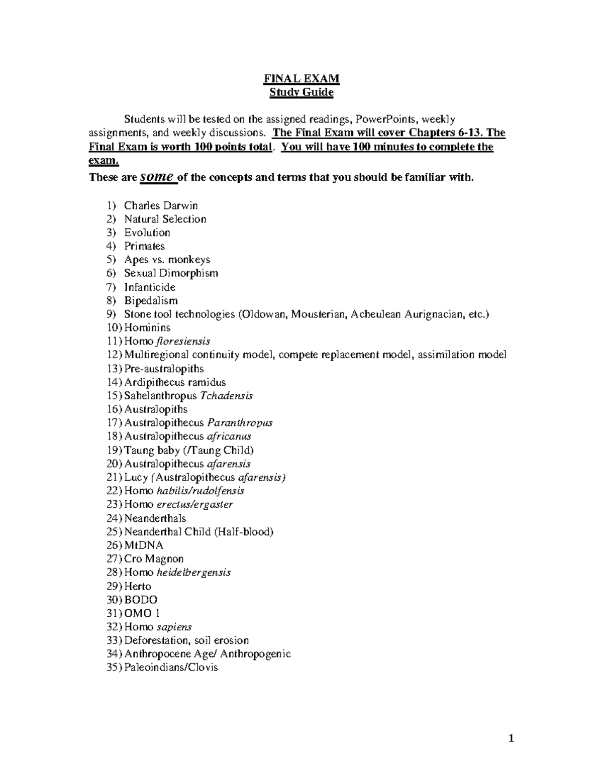 Bio Final Study guide - FINAL EXAM Study Guide Students will be tested ...