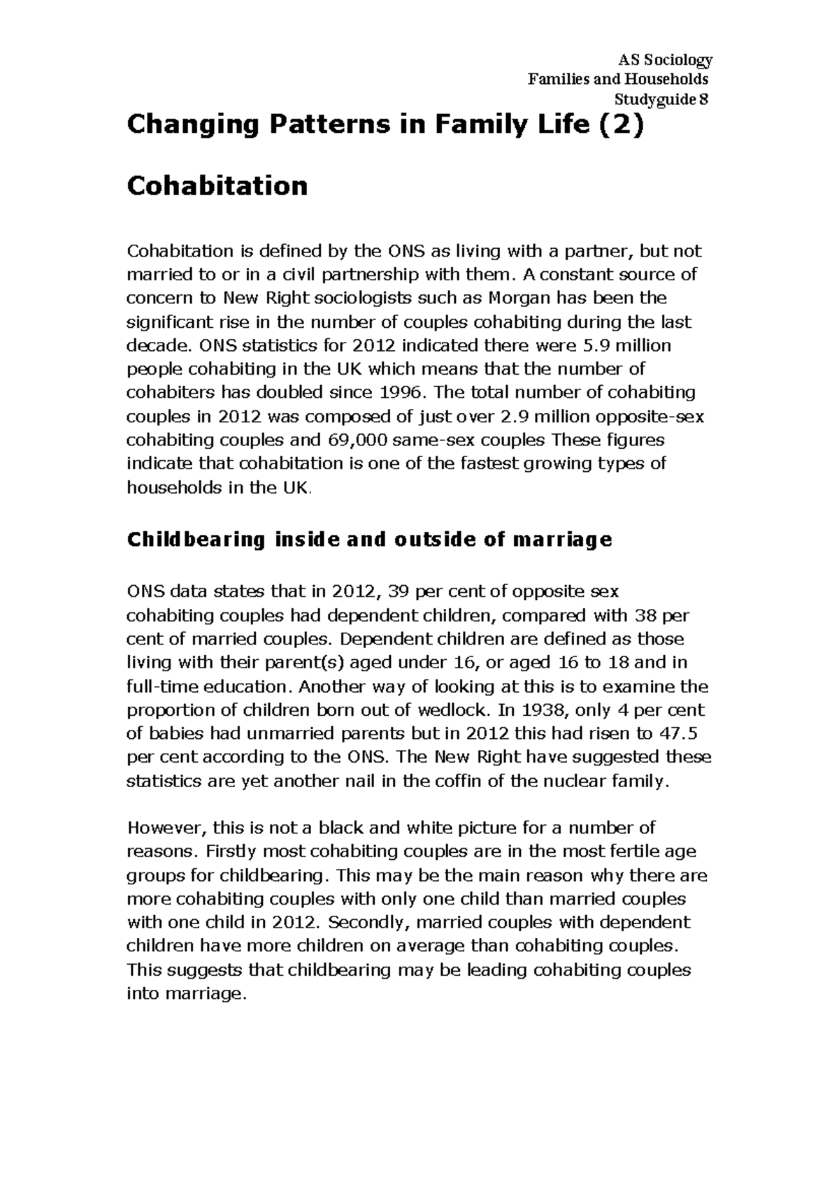 8 - none - Families and Households Studyguide 8 Changing Patterns in ...