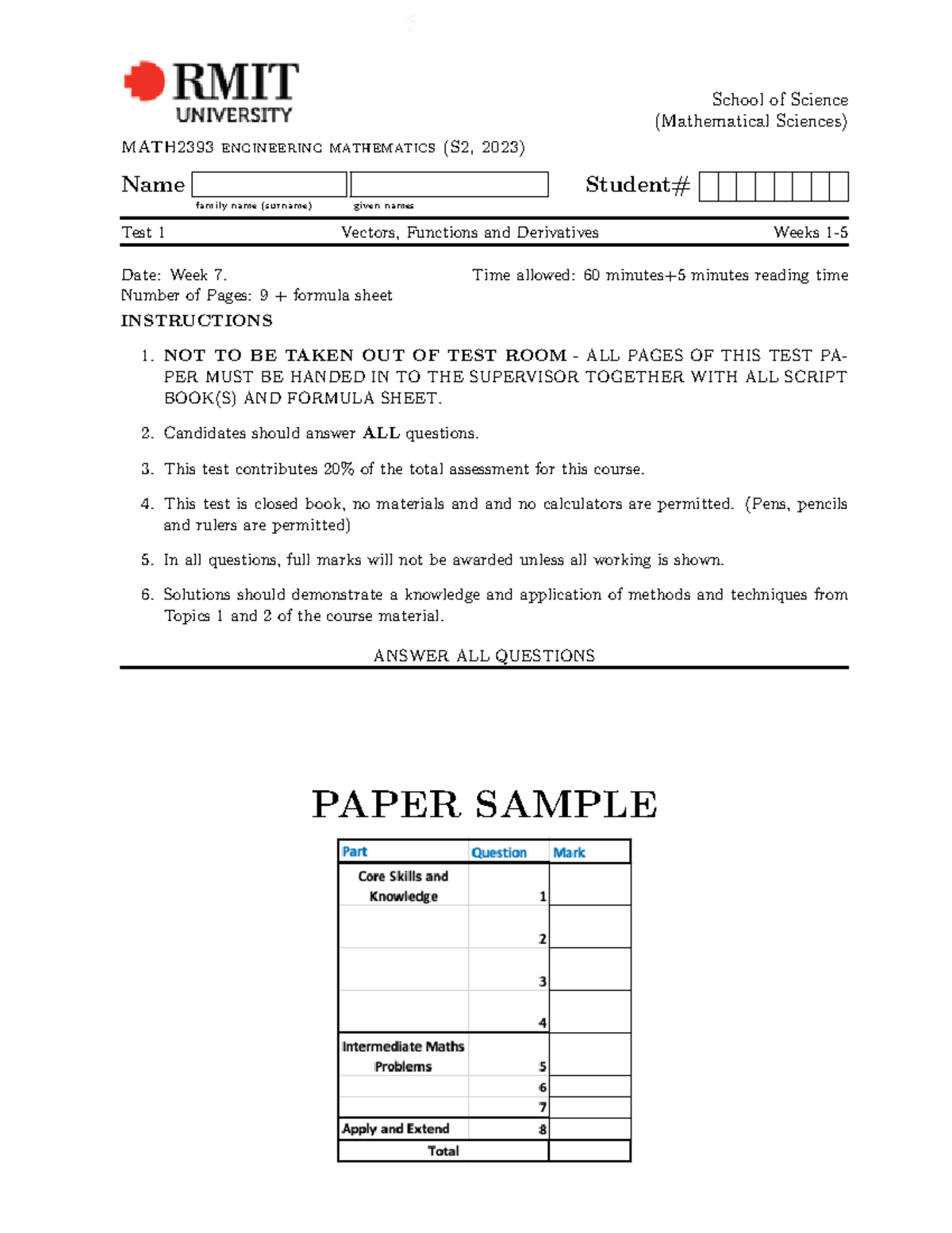 Sample Solutions - School of Science (Mathematical Sciences) MATH2393 ...